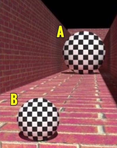 The optical illusion of which ball is bigger: A or B