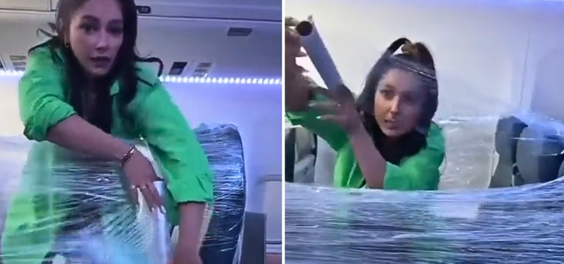Watch Woman Wraps Plane Seat In Saran Plastic