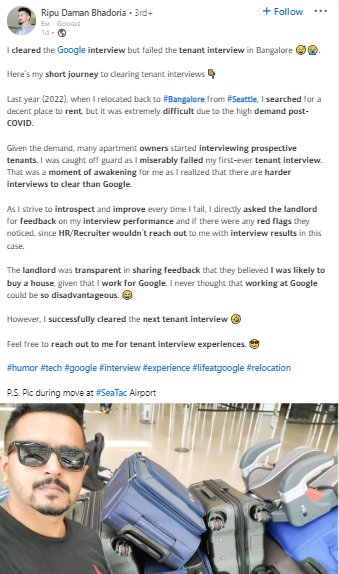 Man Cleared Google Interview & Failed Tenant Interview In Bangalore
