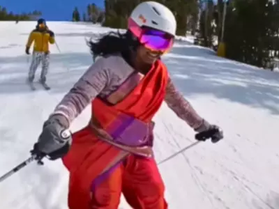 NRI Woman Goes Skiing Wearing A Saree