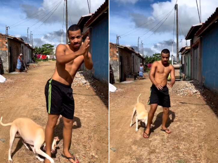 Witness the strangely hilarious dance of a man and his mischievous dog