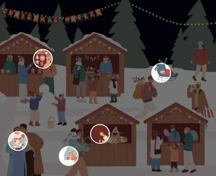 In this Christmas market scene, discover the five mince pies using your optical illusion skills