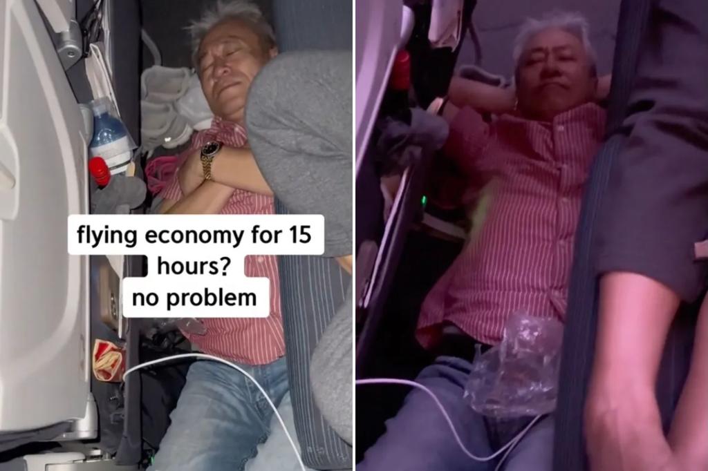 Passenger adopts a strange sleeping position on the plane