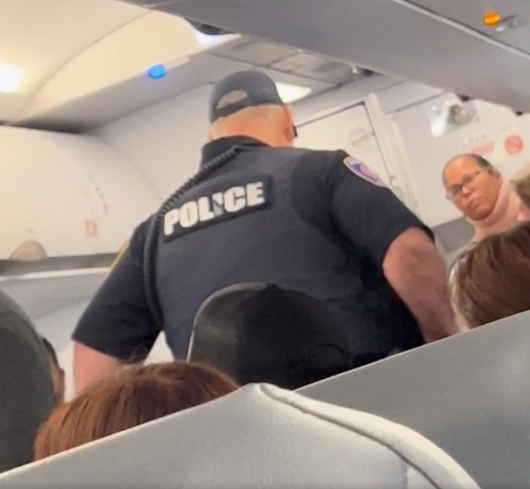 Screaming woman climbs up the plane seats
