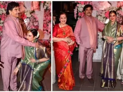 Watch: Fans Are In Awe As Rekha Touches Shatrughan Sinha's Feet At A Wedding, Hugs His Wife