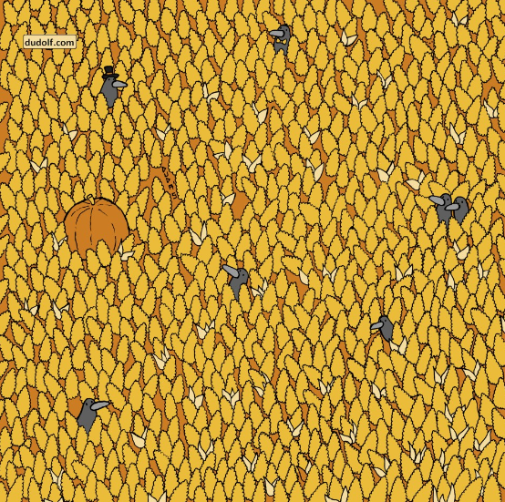 In a cornfield, find the pear and the hamster hidden by the optical illusion