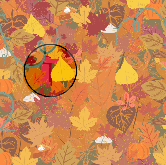 In this optical illusion, the scarf is hidden among pumpkin spice lattes and autumn leaves