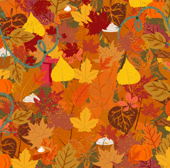 In this optical illusion, the scarf is hidden among pumpkin spice lattes and autumn leaves