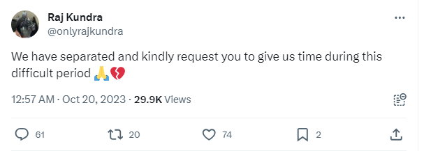 shilpa shetty husband raj kundra writes we have separated netizens react