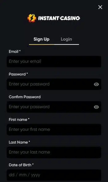 Interface mobile Instant Casino