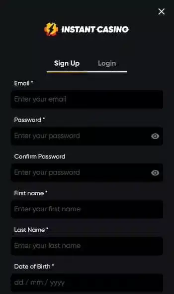 Interface mobile Instant Casino