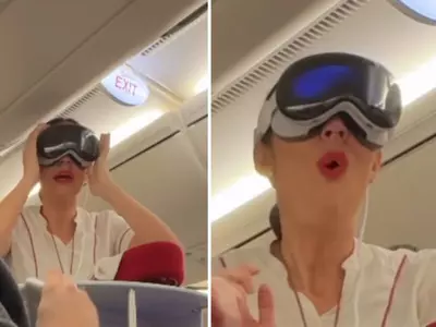 In A Viral Video An Emirates Air Hostess Tries Out The Apple Vision Pro While On A Flight