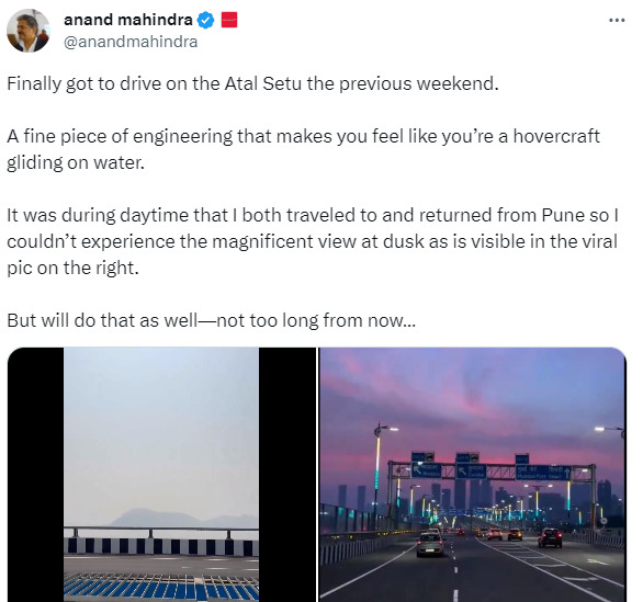 Mahindra admires the bridge while driving on the Atal Setu