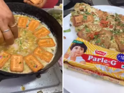 A Street Food Vendor Makes An Omelet Using Parle-G Biscuits And Cheese