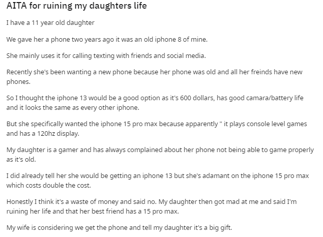 An eleven-year-old girl claims that her parents have ruined her life by refusing to provide her with an iPhone 15