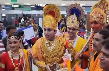 On first flight from Ahmedabad to Ayodhya, passengers dressed in the image of Ram and Sita take off