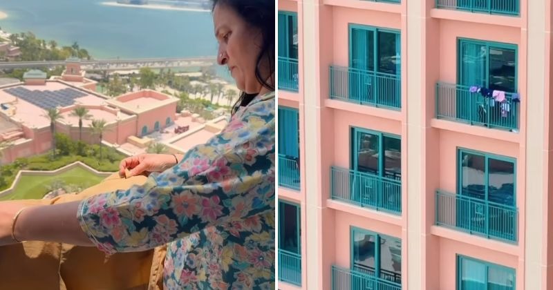 Indian mom hangs clothes on balcony of Atlantis, The Palm in Dubai