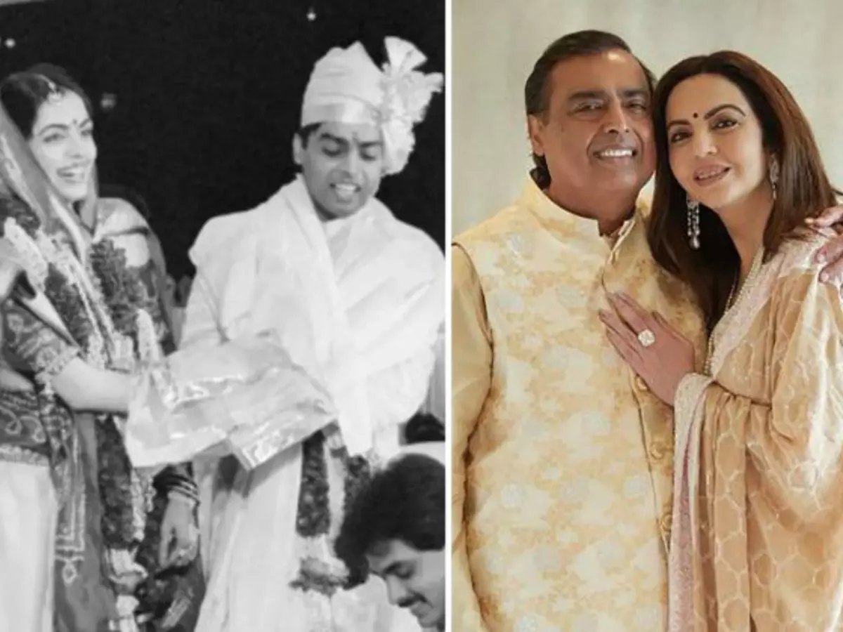Mukesh Ambani and Nita Ambani's wedding photo on left and a photo from Anant Ambani and Radhika Merchant's Hastakshar ceremony on the right