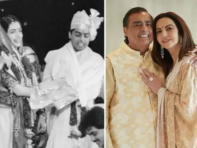 Mukesh Ambani and Nita Ambani's wedding photo on left and a photo from Anant Ambani and Radhika Merchant's Hastakshar ceremony on the right