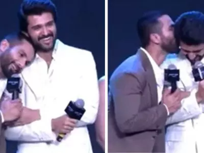 As Shahid Kapoor announced his next film Ashwatthama - The Saga Continues at Amazon Prime Video event, he also met with Vijay Deverakonda and kissed him 
