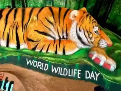 World Wildlife Day Sudarsan Pattnaik's 50-Foot Tiger Sculpture