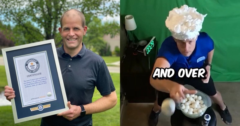 Man sets his 171st world record with shaving cream and table tennis balls
