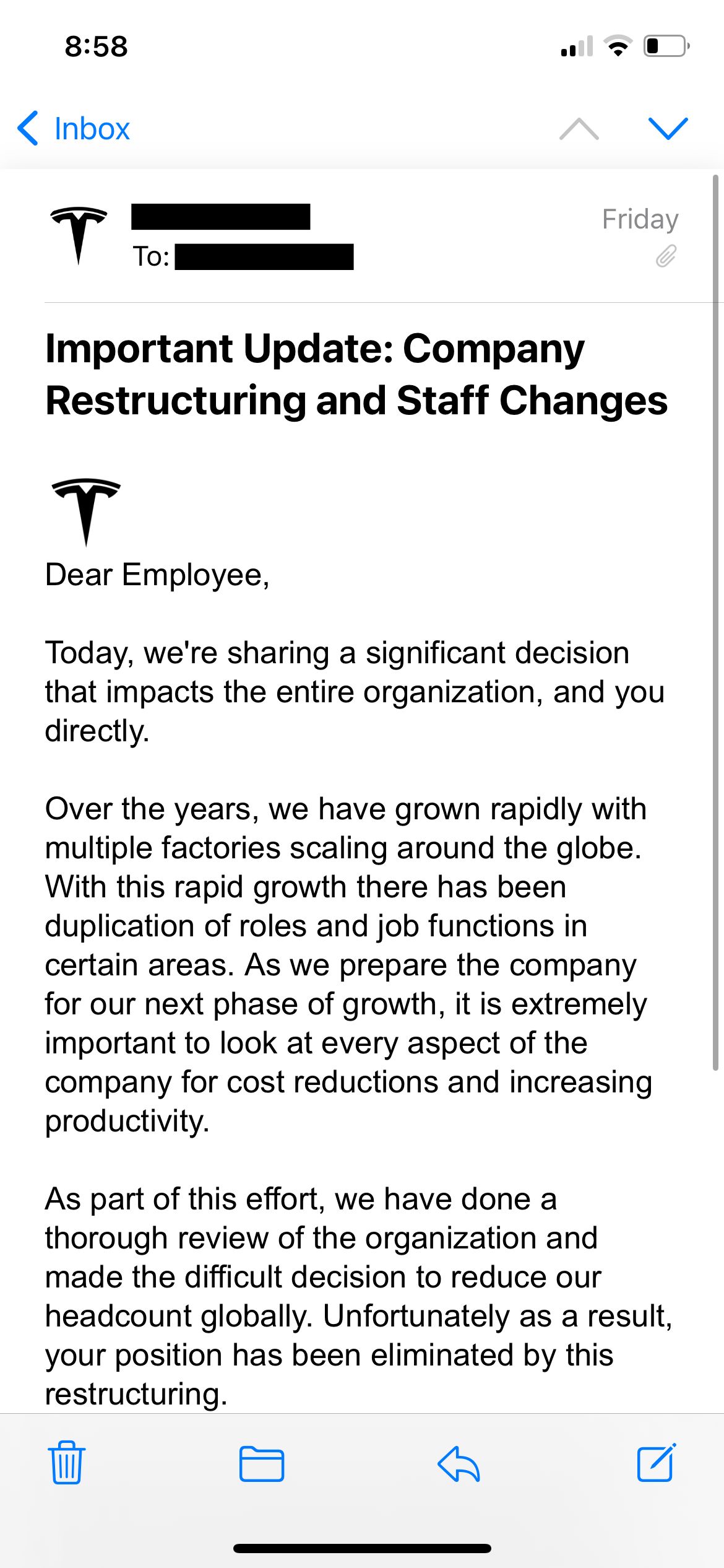 जतिन सैनी की बहन को प्राप्त छंटनी ईमेल की छवि