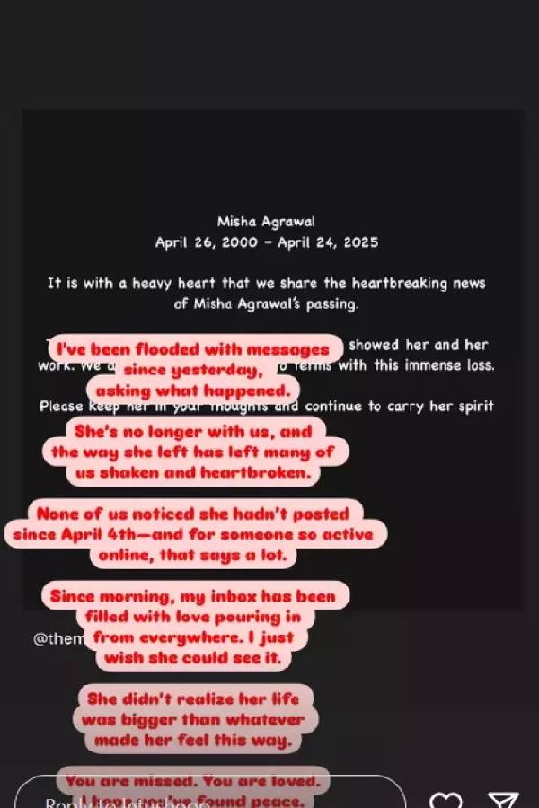 Reason behind Misha Agrawal’s demise still unclear | Credit: Instagram