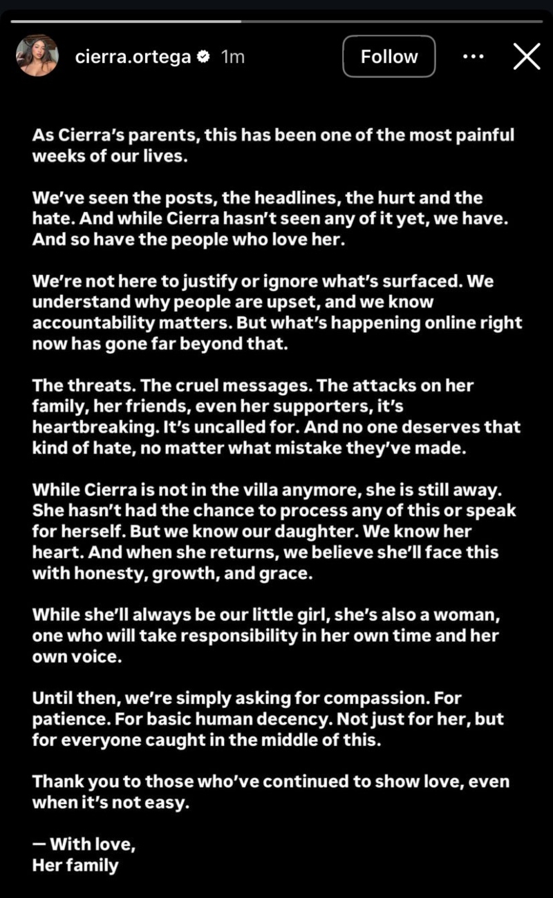 Cierra Ortega's family's statement after her Love Island exit