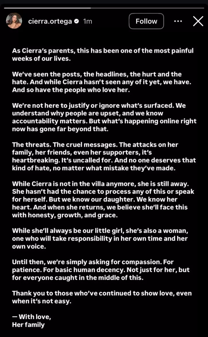 Cierra Ortega's family's statement after her Love Island exit Cierra Ortega's family's statement after her Love Island exit