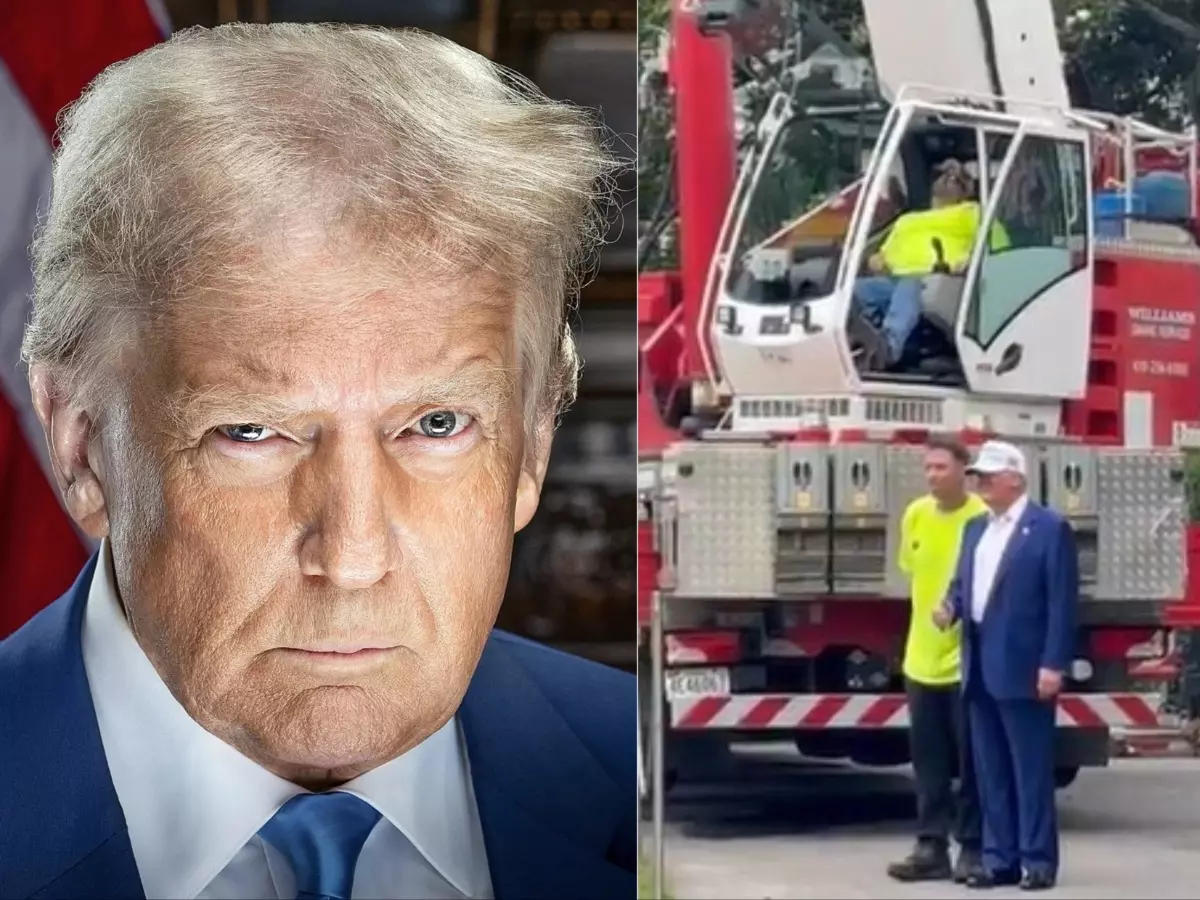 Crane operator caught napping while Donald Trump poses at flagpole event | Credit: X | @saras76 and @popbase Crane operator caught napping while Donald Trump poses at flagpole event | Credit: X | @saras76 and @popbase