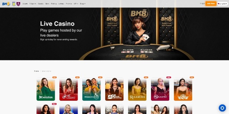 Interface de SG Casino montrant les jeux et bonus