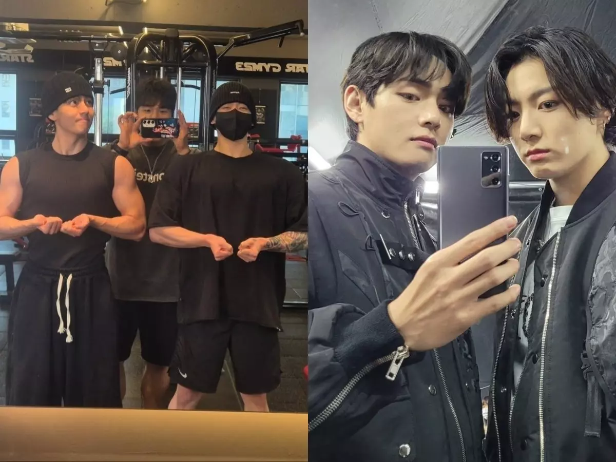 V and Jungkook flex military gains in rare Taekook gym photo V and Jungkook flex military gains in rare Taekook gym photo
