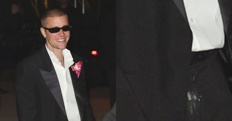 Justin Bieber at Kris Jenner's 70th birthday with white powder on pants