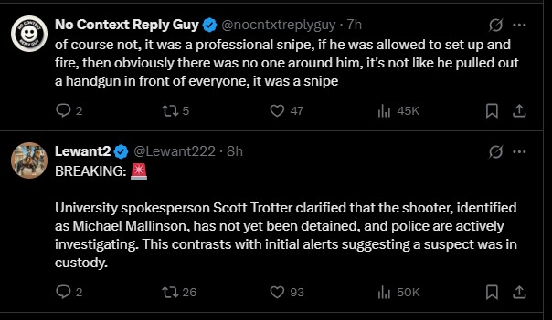 Social media is flooded with conspiracy theories about Charlie Kirk's shooter | Credit: X | @nocntxtreplyguy