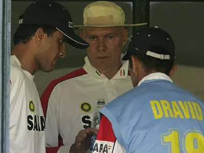 Greg Chappell with Sourav Ganguly and Rahul Dravid