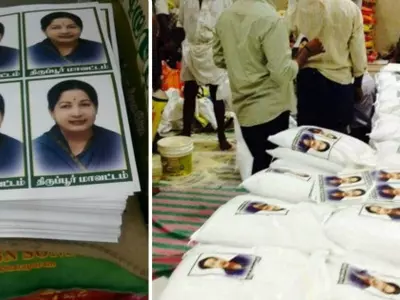 Amma Stickers Forcefully Put On Relief Materials For Chennai Flood  Victims