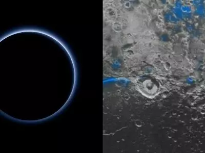 Pluto's blue skies and red ice