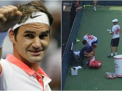 Roger Federer cleans court after practice session