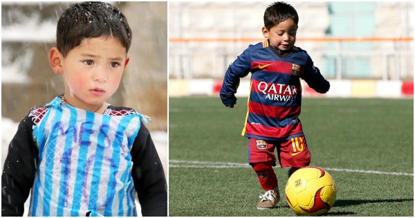 Five-year-old Murtaza Ahmadi pictured wearing homemade 'Messi 10