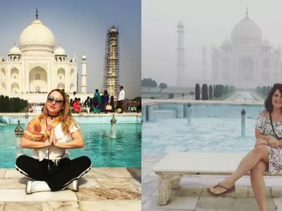 Tourists Are Trying To Take Pictures With The Taj Mahal But The Smog Is Not Letting Them!