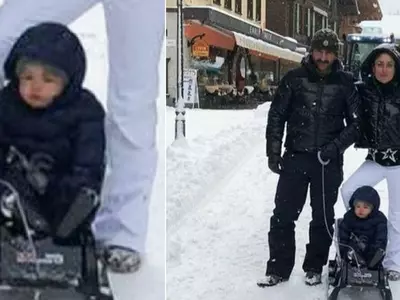 Taimur Ali Khan enjoying snow in Switzerland with Kareena and Saif.
