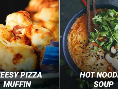 pizza muffin and noodle soup