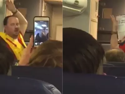 Flight attendant, safety instructions, sexy stripper dance