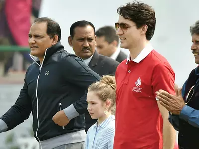 Justin Trudeau plays cricket with Kapil Dev Mohammad Azharuddin