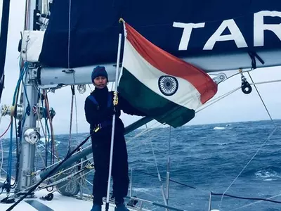 INSV Tarini Crosses Designated Point, All-Woman Crew Hoists Tricolour