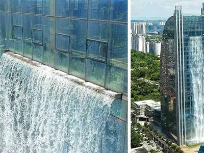 Chinese Skyscraper Boasts Of A 350-Foot Tall Artificial Waterfall Streaming Down