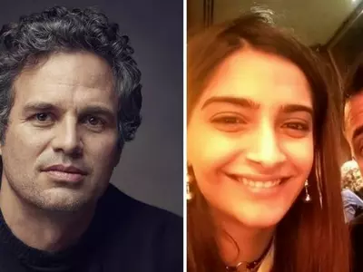 A picture of Avengers: infinity War star Mark Ruffalo AKA The Hulk along with Sonam Kapoor and Anand