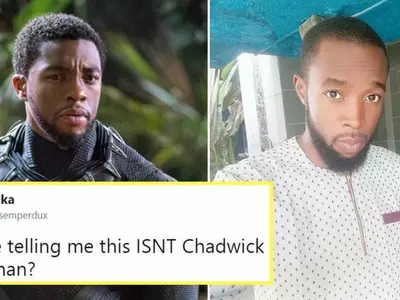 A picture of Black Panther AKA Chadwick Boseman with his doppelganger Suleiman Abdulfatai.