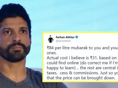 A picture of Bollywood actor Farhan Akhtar who told people how petrol prices can be brought down.
